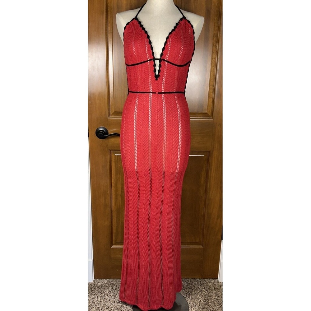 Red Open Knit Maxi Drop Waist Dress Halter Boho Beach Cover Up Womens M